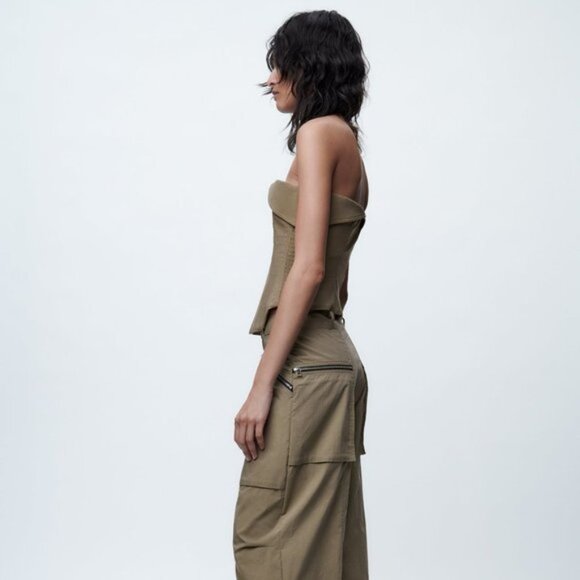 NEW ZARA WOMEN'S 2-Piece ZIPPER BUSTIER/ TOPSTITCHED ZIPPERED CARGO PANTS Khaki - Picture 5 of 15